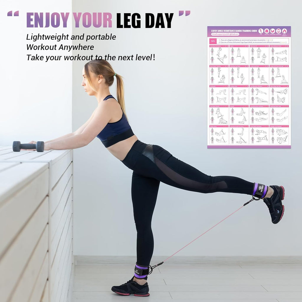 Ankle Resistance Bands with Cuffs, Ankle Bands for Working Out, Kickbacks Hip, Leg Glute Exercise Equipment with Training Poster, Resistance Workout Equipment for Women