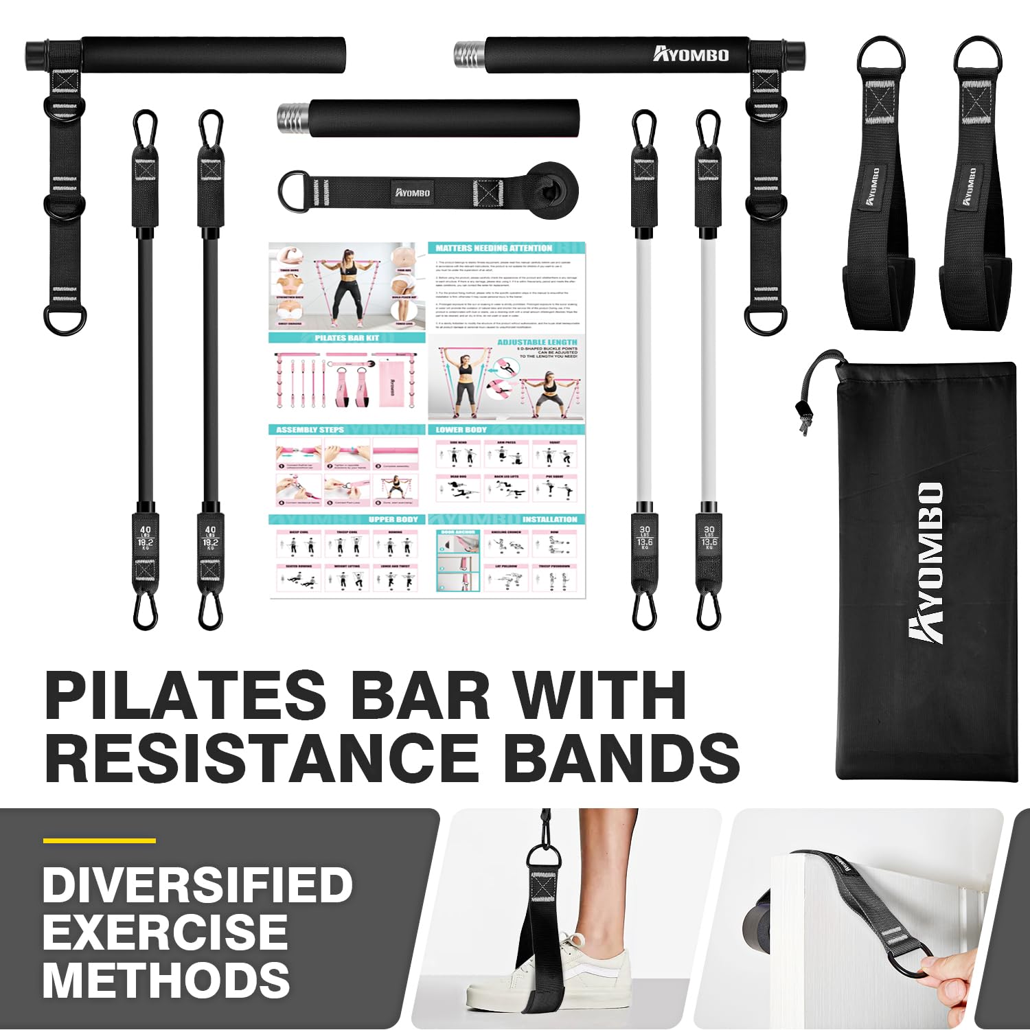 Ayombo Pilates Bar Kit with Resistance Bands, Pilates Workout Equipment for Legs, Hip, Waist, Arm, Squats Exercise Equipment for Home Workouts, Adjustable 3-Section Pilates Bar Kit for Women & Men