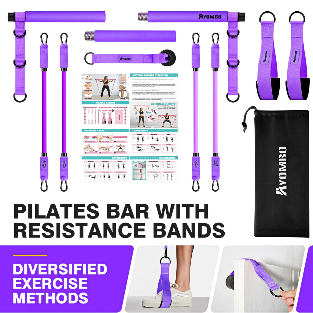 Ayombo Pilates Bar Kit with Resistance Bands, Pilates Workout Equipment for Legs, Hip, Waist, Arm, Squats Exercise Equipment for Home Workouts, Adjustable 3-Section Pilates Bar Kit for Women & Men