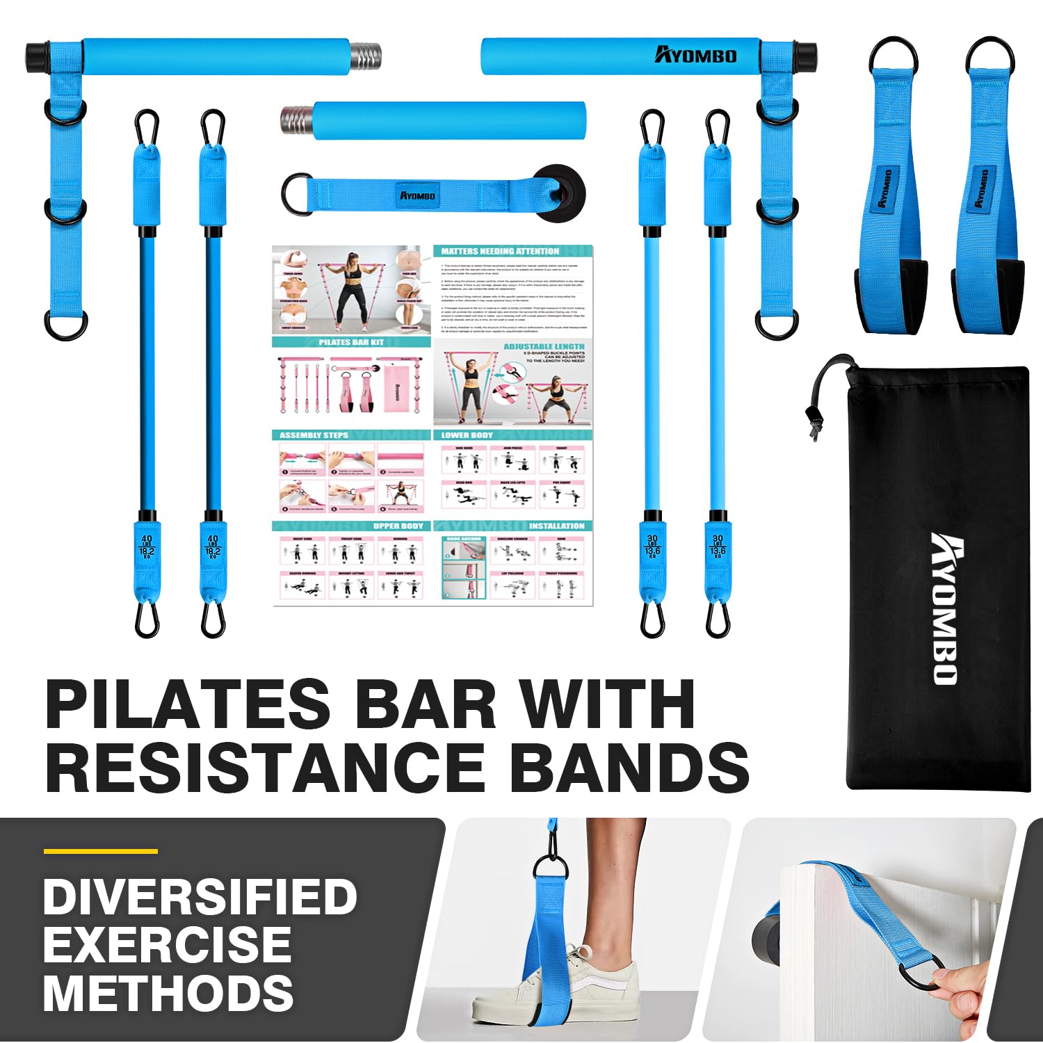 Ayombo Pilates Bar Kit with Resistance Bands, Pilates Workout Equipment for Legs, Hip, Waist, Arm, Squats Exercise Equipment for Home Workouts, Adjustable 3-Section Pilates Bar Kit for Women & Men
