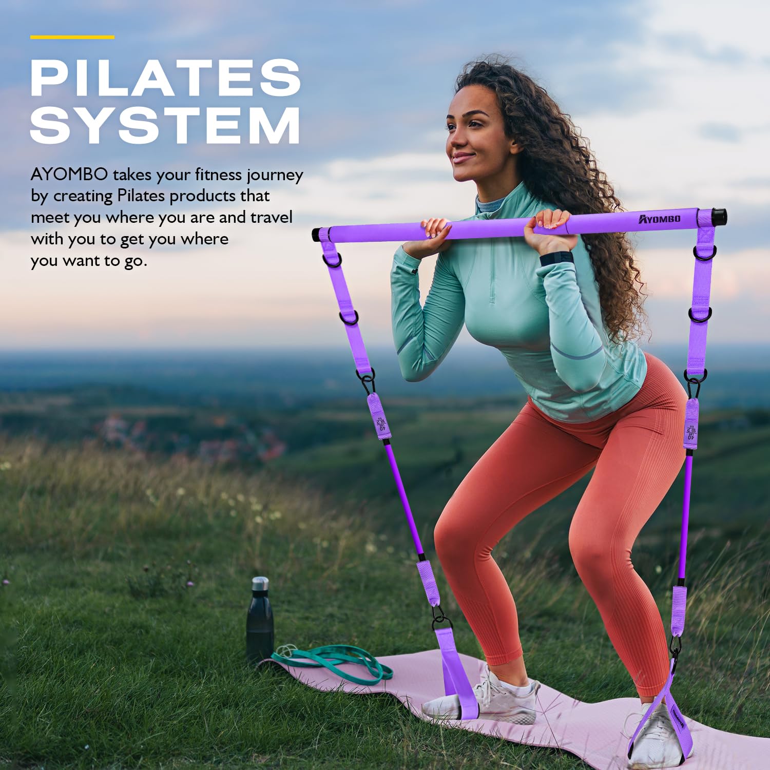 Ayombo Pilates Bar Kit with Resistance Bands, Pilates Workout Equipment for Legs, Hip, Waist, Arm, Squats Exercise Equipment for Home Workouts, Adjustable 3-Section Pilates Bar Kit for Women & Men