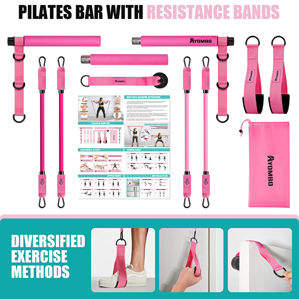 Ayombo Pilates Bar Kit with Resistance Bands, Pilates Workout Equipment for Legs, Hip, Waist, Arm, Squats Exercise Equipment for Home Workouts, Adjustable 3-Section Pilates Bar Kit for Women & Men