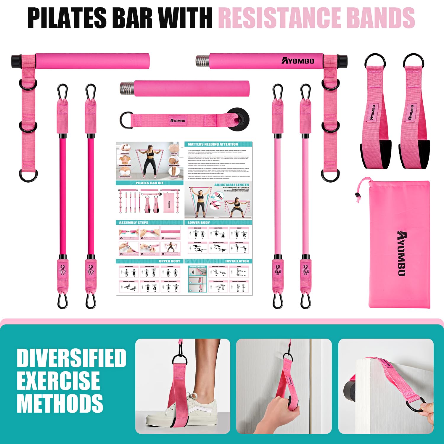 Ayombo Pilates Bar Kit with Resistance Bands, Pilates Workout Equipment for Legs, Hip, Waist, Arm, Squats Exercise Equipment for Home Workouts, Adjustable 3-Section Pilates Bar Kit for Women & Men