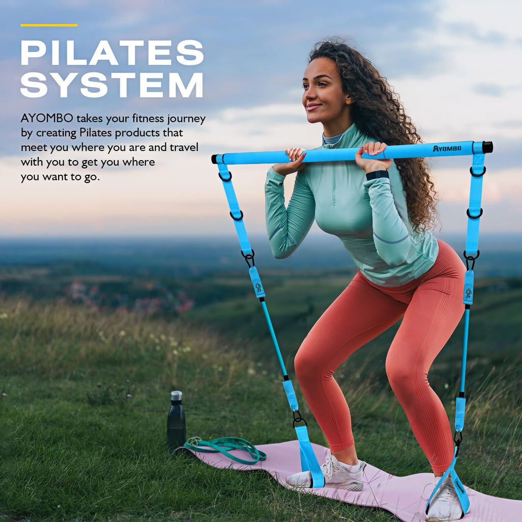 Ayombo Pilates Bar Kit with Resistance Bands, Pilates Workout Equipment for Legs, Hip, Waist, Arm, Squats Exercise Equipment for Home Workouts, Adjustable 3-Section Pilates Bar Kit for Women & Men