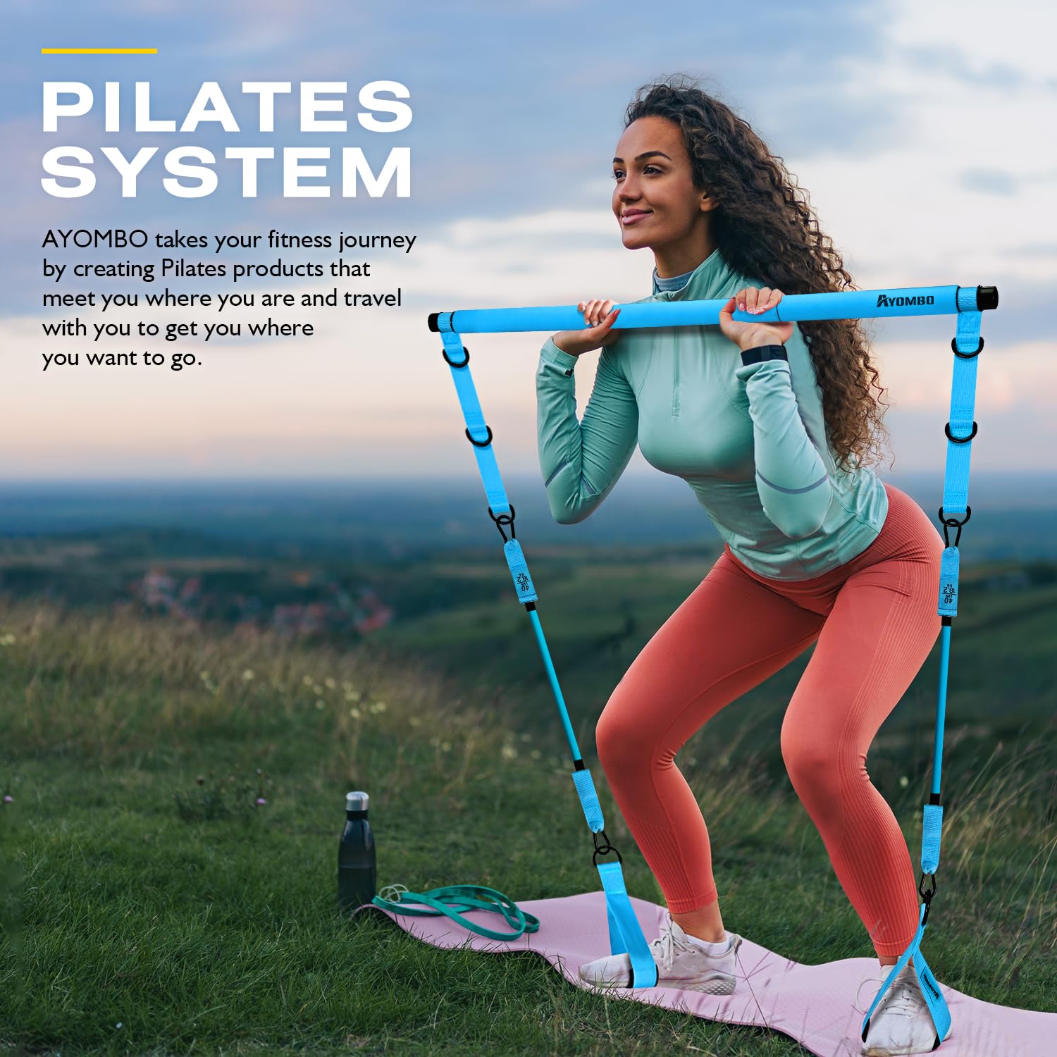 Ayombo Pilates Bar Kit with Resistance Bands, Pilates Workout Equipment for Legs, Hip, Waist, Arm, Squats Exercise Equipment for Home Workouts, Adjustable 3-Section Pilates Bar Kit for Women & Men