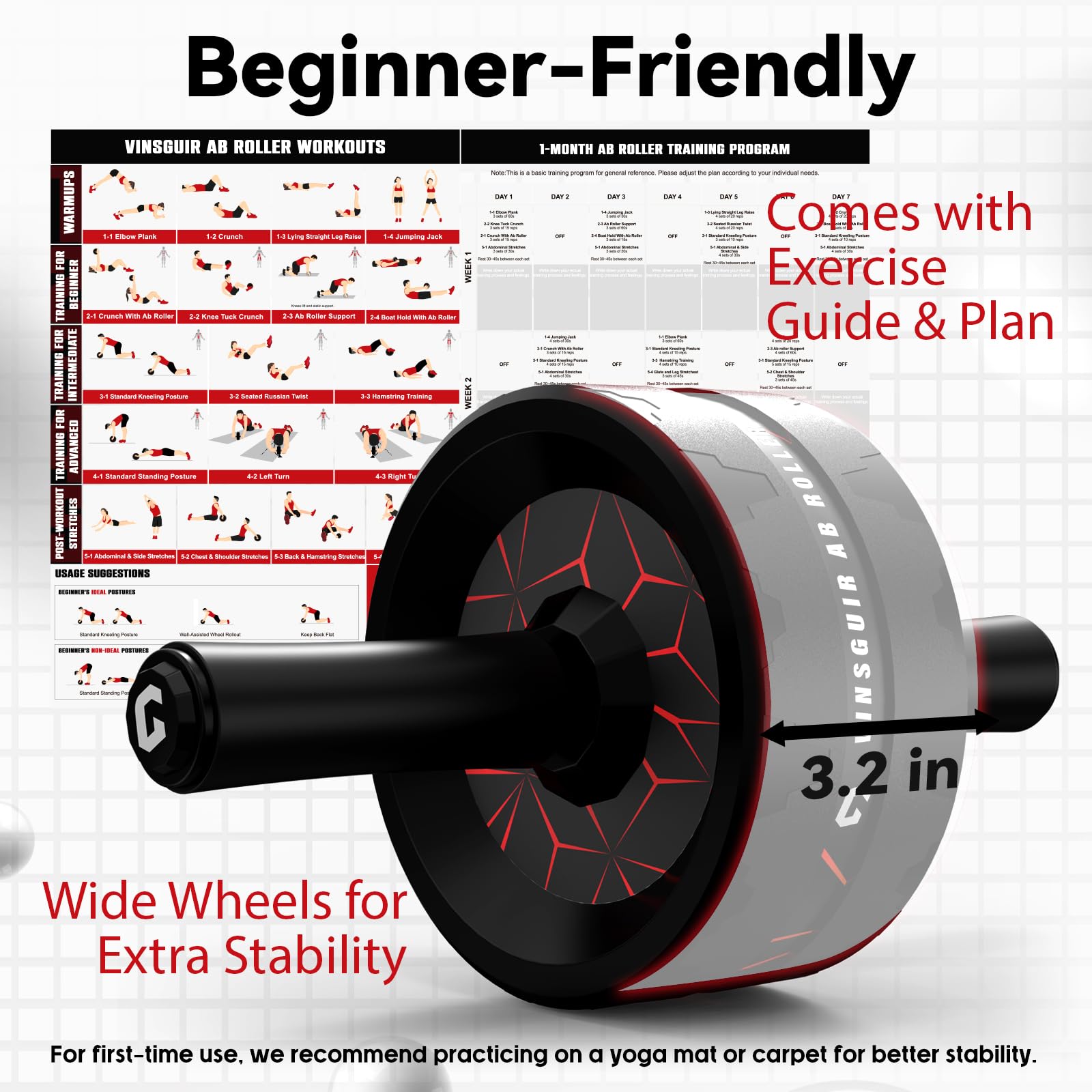 VINSGUIR Ab Roller Wheel, Abs & Core Workout Equipment for Home Gym with Knee Pad Accessories, Abdominal Wheel for Full-body Strength Training