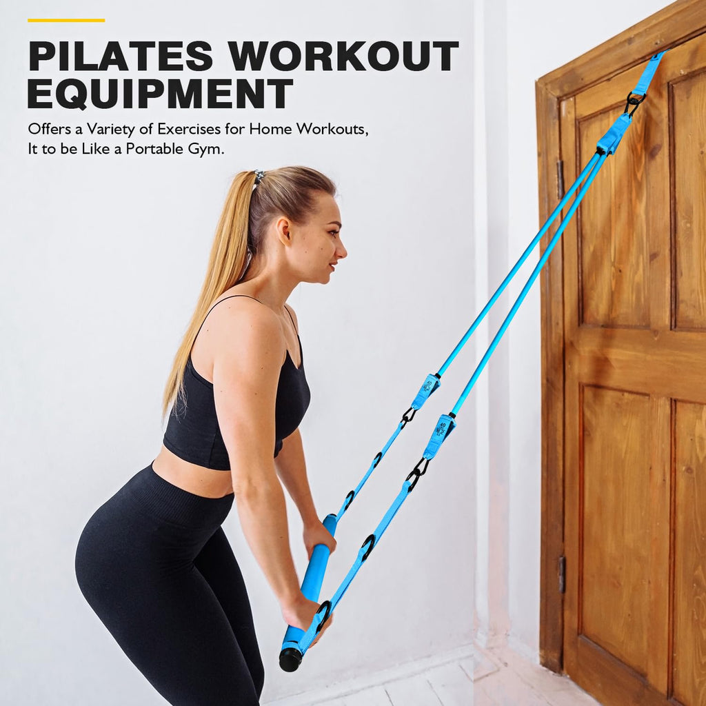 Ayombo Pilates Bar Kit with Resistance Bands, Pilates Workout Equipment for Legs, Hip, Waist, Arm, Squats Exercise Equipment for Home Workouts, Adjustable 3-Section Pilates Bar Kit for Women & Men
