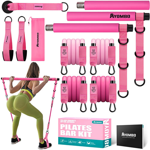 Ayombo Pilates Bar Kit with Resistance Bands, Pilates Workout Equipment for Legs, Hip, Waist, Arm, Squats Exercise Equipment for Home Workouts, Adjustable 3-Section Pilates Bar Kit for Women & Men