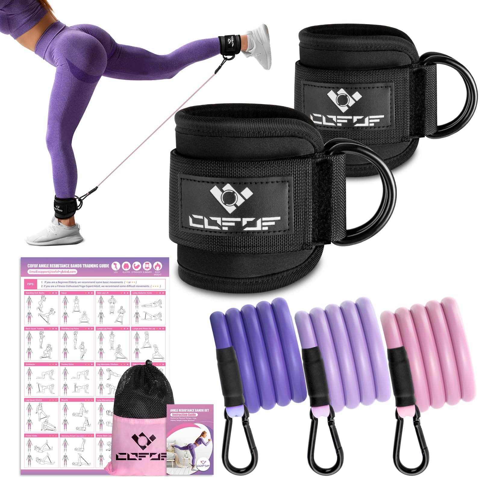 Ankle Resistance Bands with Cuffs, Ankle Bands for Working Out, Kickbacks Hip, Leg Glute Exercise Equipment with Training Poster, Resistance Workout Equipment for Women