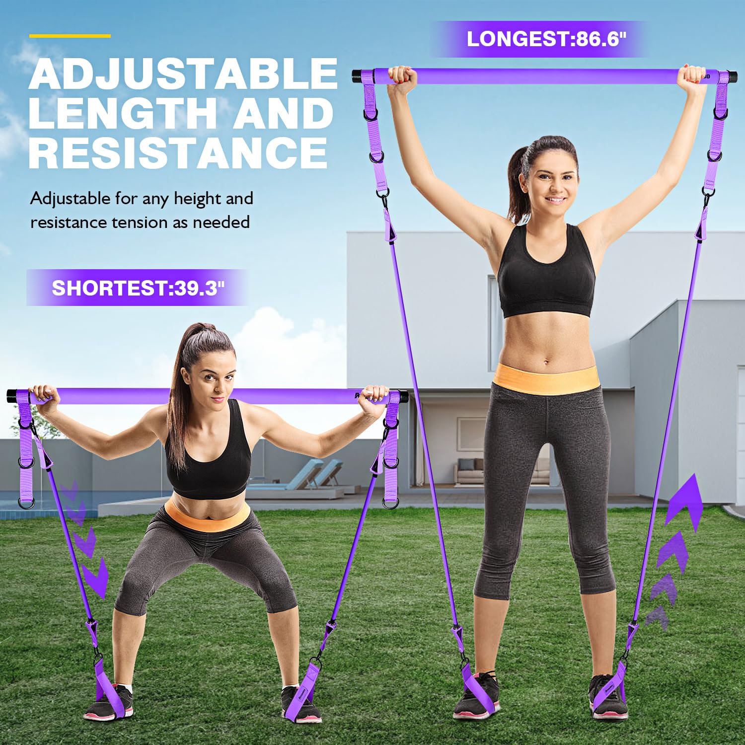 Ayombo Pilates Bar Kit with Resistance Bands, Pilates Workout Equipment for Legs, Hip, Waist, Arm, Squats Exercise Equipment for Home Workouts, Adjustable 3-Section Pilates Bar Kit for Women & Men