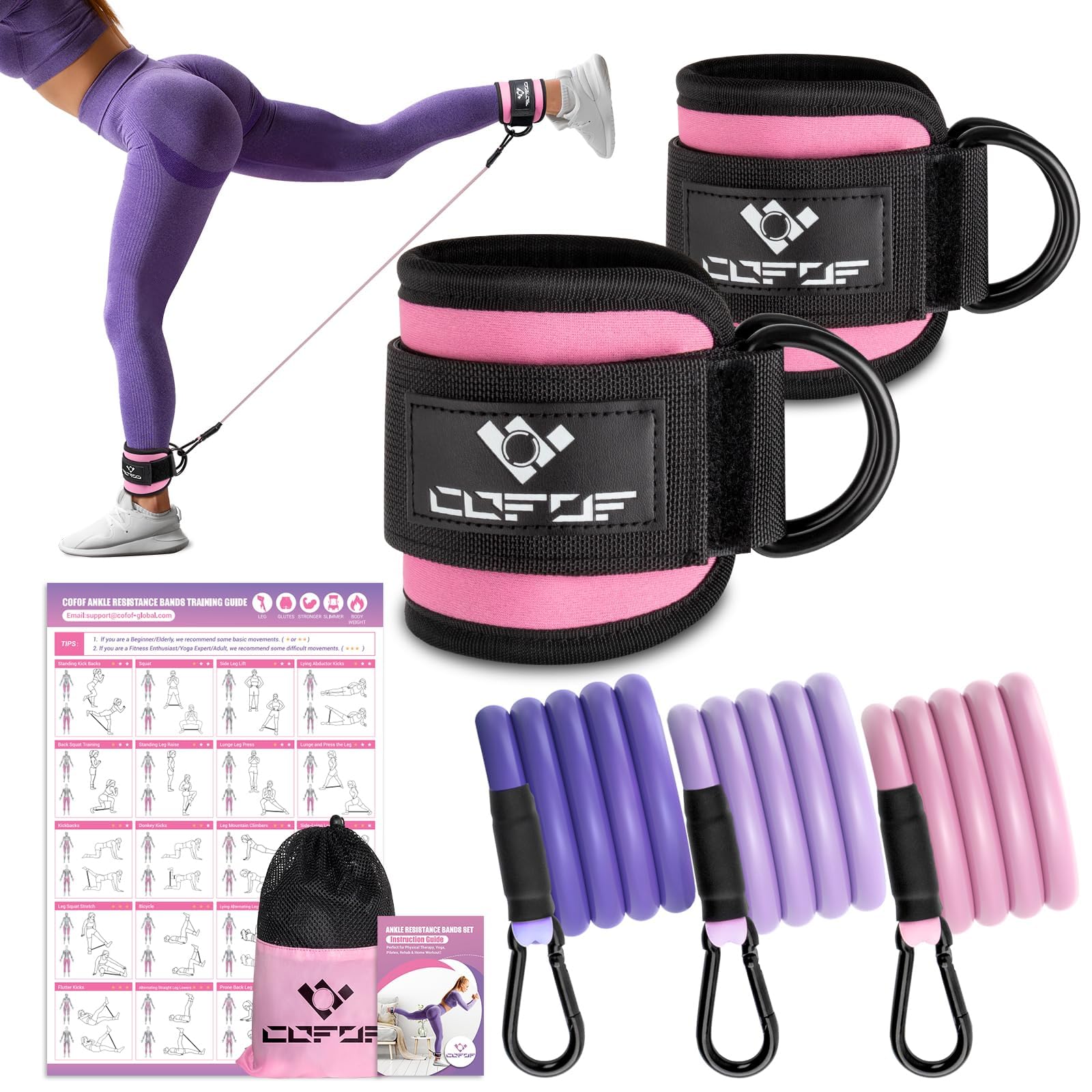 Ankle Resistance Bands with Cuffs, Ankle Bands for Working Out, Kickbacks Hip, Leg Glute Exercise Equipment with Training Poster, Resistance Workout Equipment for Women